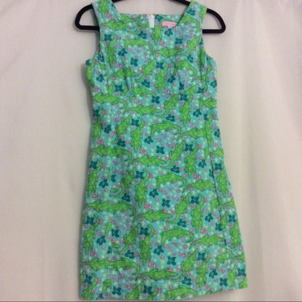 Lilly Pulitzer Sheath Turq Alberta Gator Sz 2 EUC